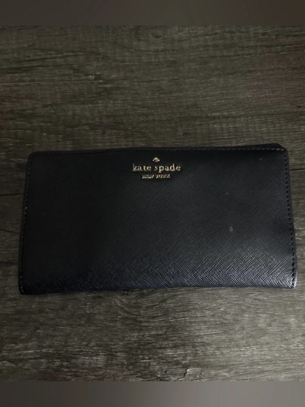 kate spade Black Leather Zip Wallet with Gold Logo